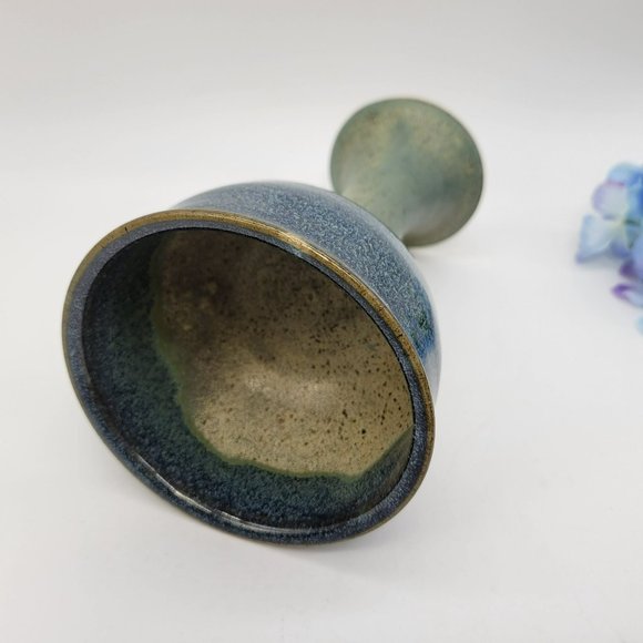 North Carolina Pottery Chalice or Candle Holder Sandra Baker Moore Blue Beige - Picture 5 of 10